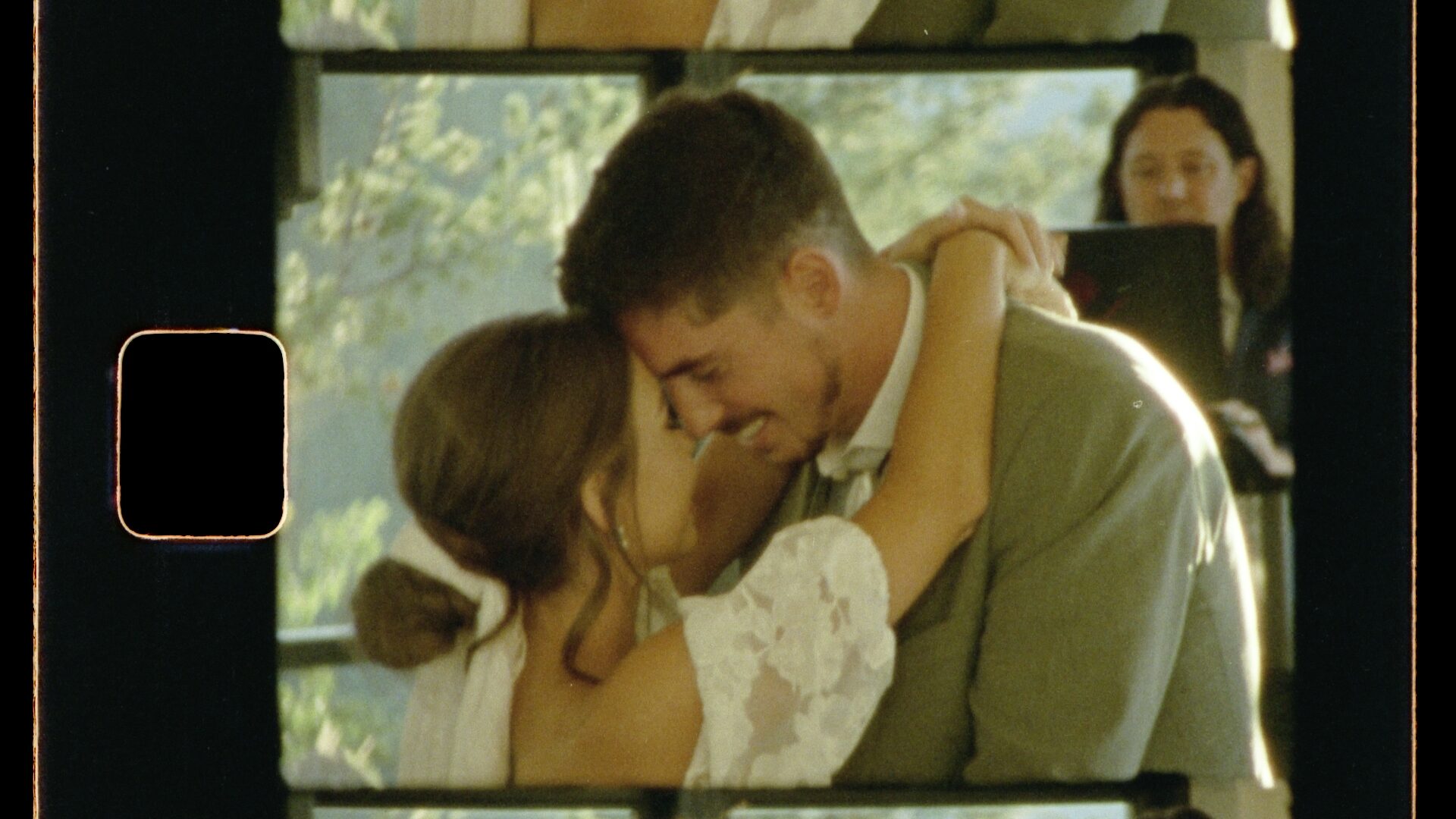 Super 8mm wedding film frame, the moment captured below by Brandon